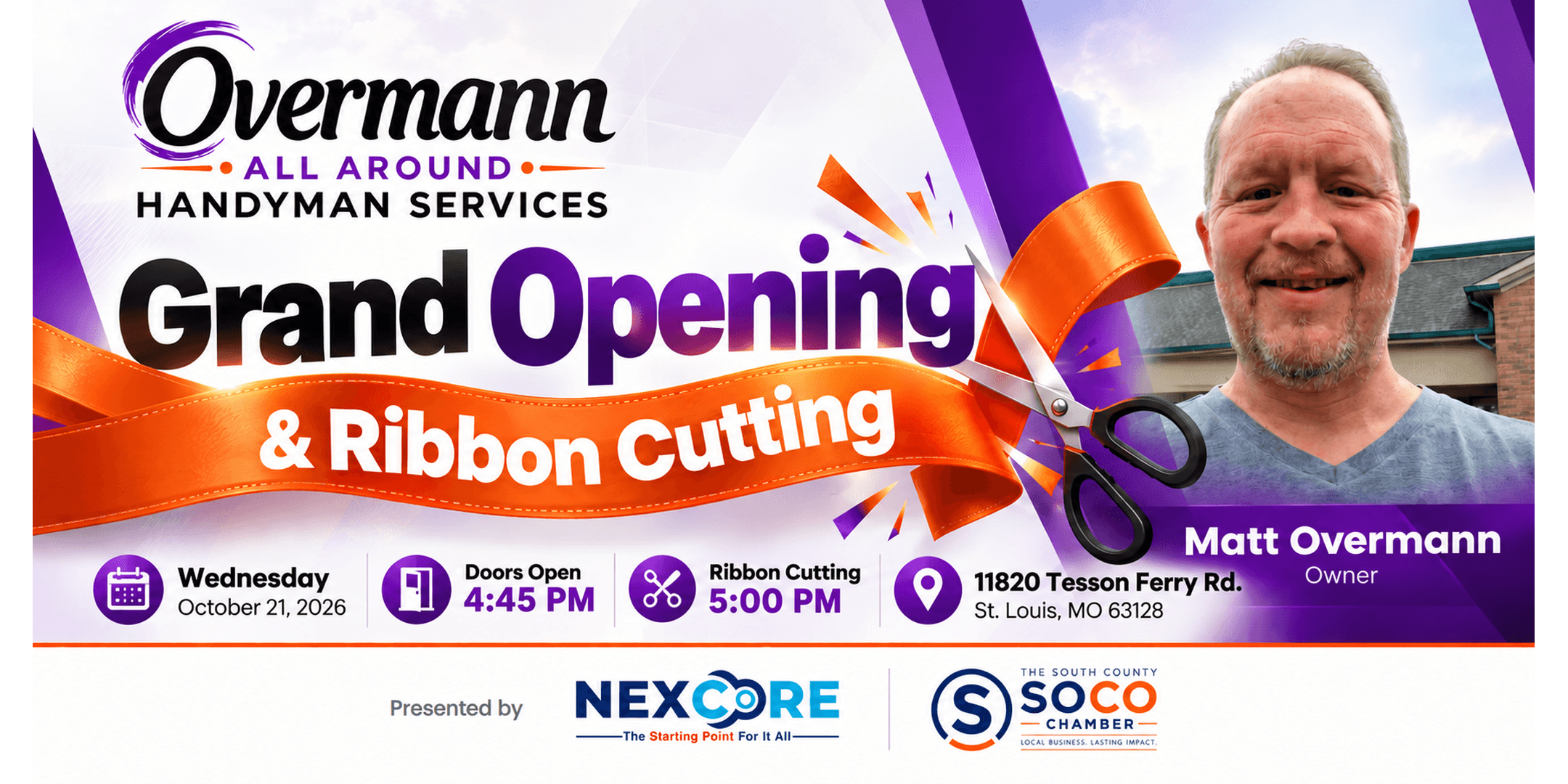 Overmann All Around Handyman Services Grand Opening & Ribbon Cutting with owner Matt Overmann, Wednesday, October 21, 2026