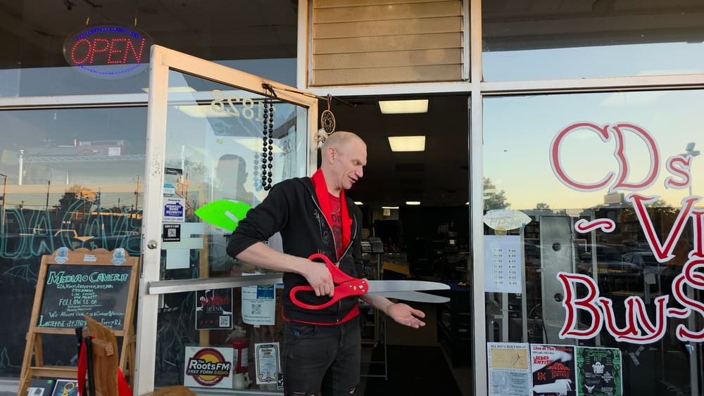 The scissors after the ribbon cutting at Media Cavern